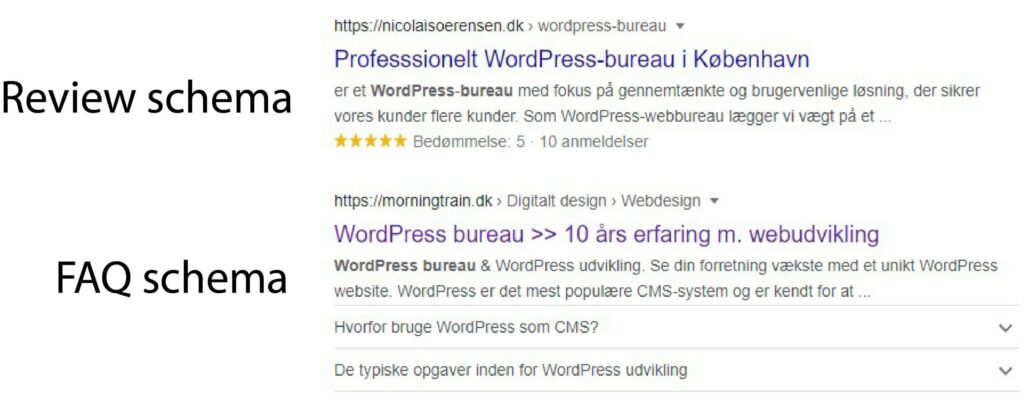 SERP der viser både review og faq schema