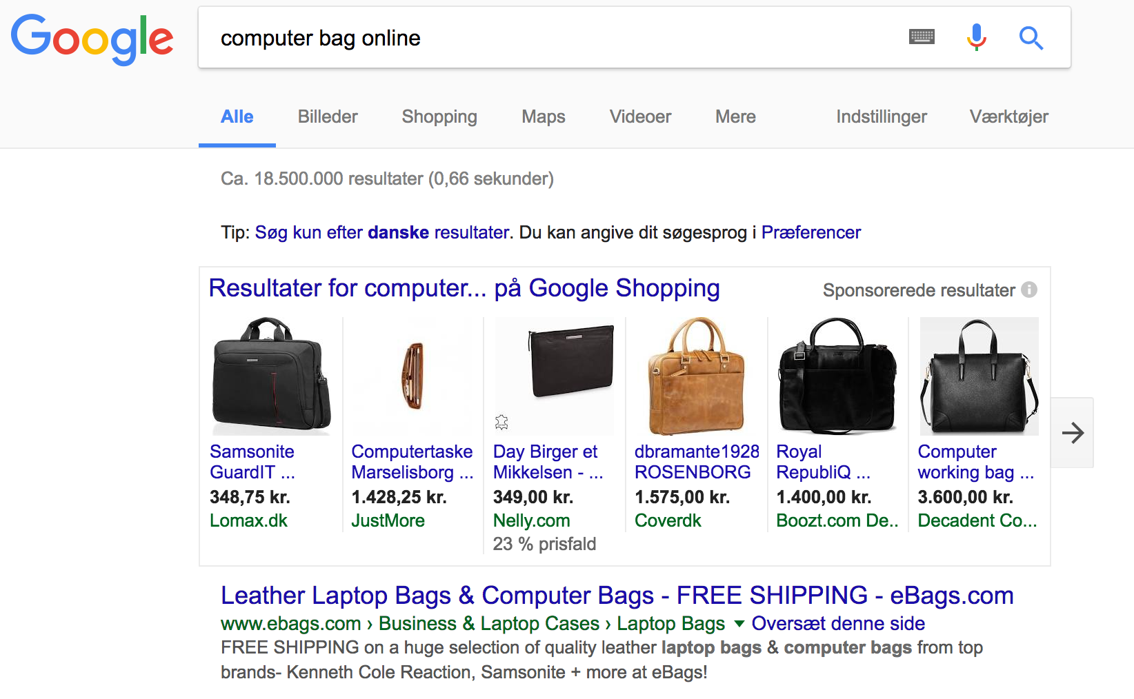 Google Shopping: Computer bags online-resultater