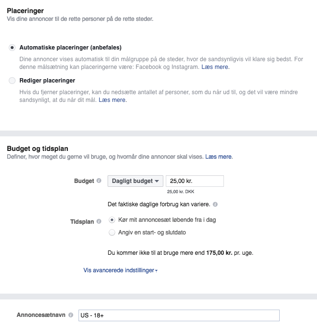 Placeringer, budget og tidsplan i Facebook Business Manager