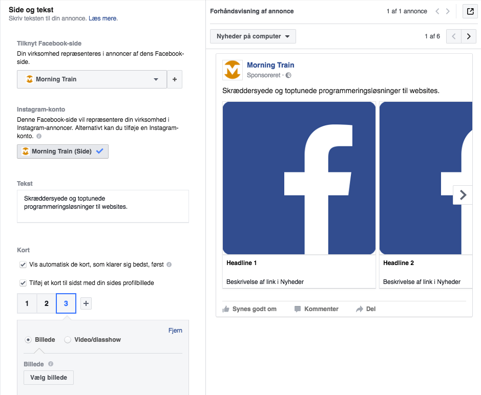 Facebook-kampagne i Facebook Business Manager: Side og tekst-definition
