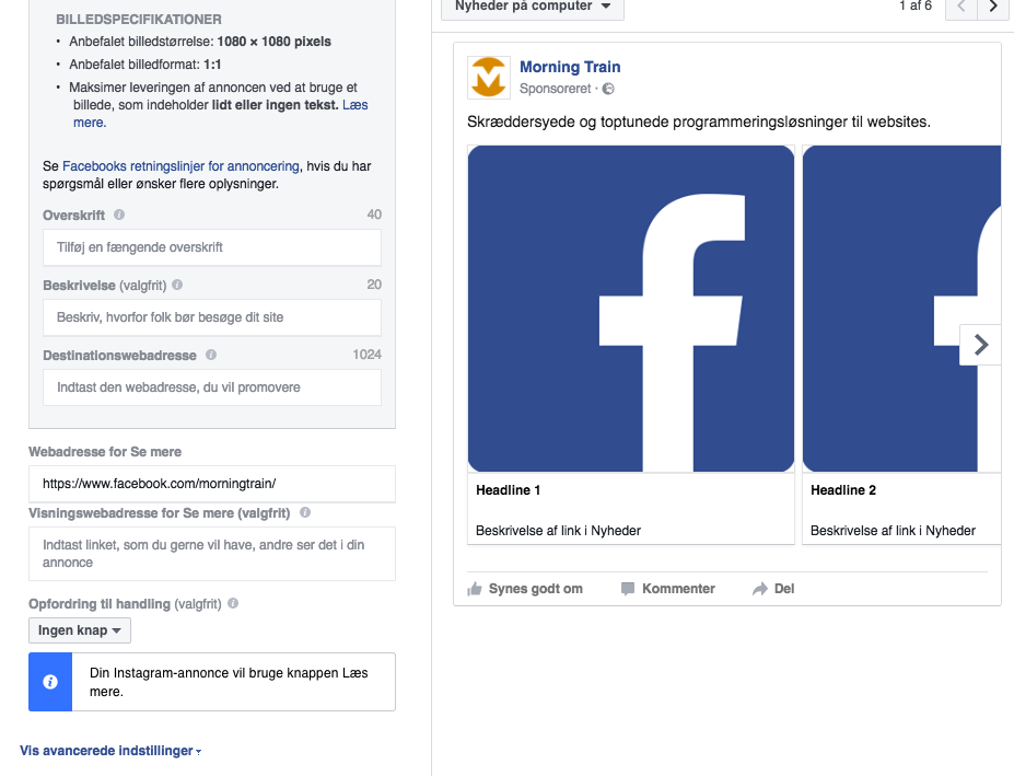 Facebook-kampagne i Facebook Business Manager: Side og tekst
