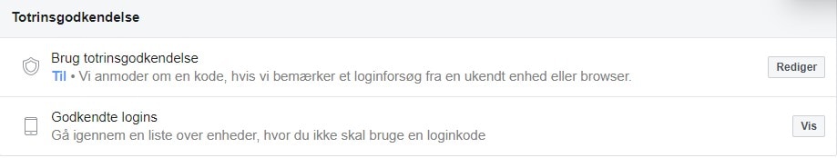 Screenshot fra Facebook totrinsgodkendelse