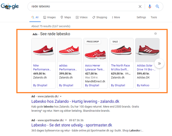 Eksempler på annoncer fra Google shopping