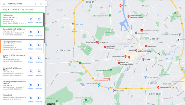 Morningtrain bliver vist organisk i Google maps mens Enghuus.com annoncerer på søgningen "webbureau odense"