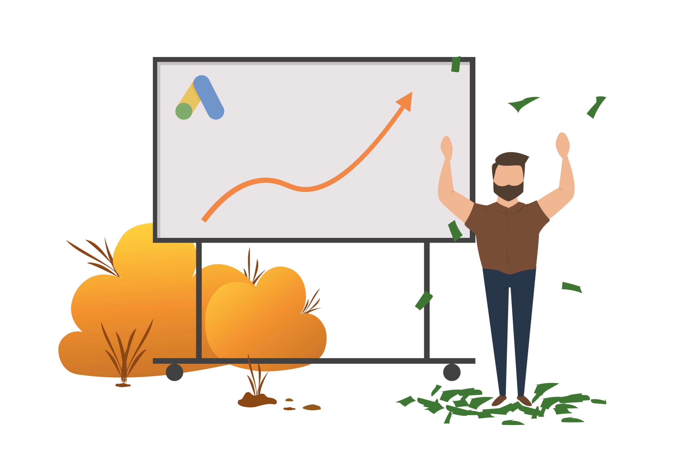Morgan står ved en tavle med en graf der viser resultatet af sin Google Ads optimering